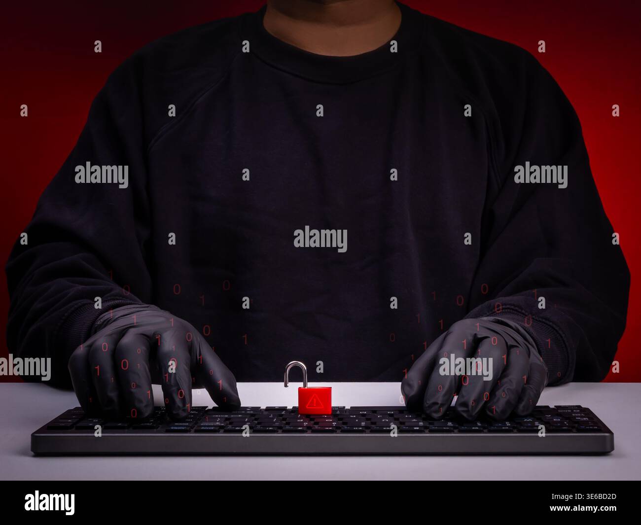 Cybersecurity and data breach concept showing anonymous hacker wearing gloves typing on keyboard with digital lock and binary code. Hacking attack, da Stock Photo