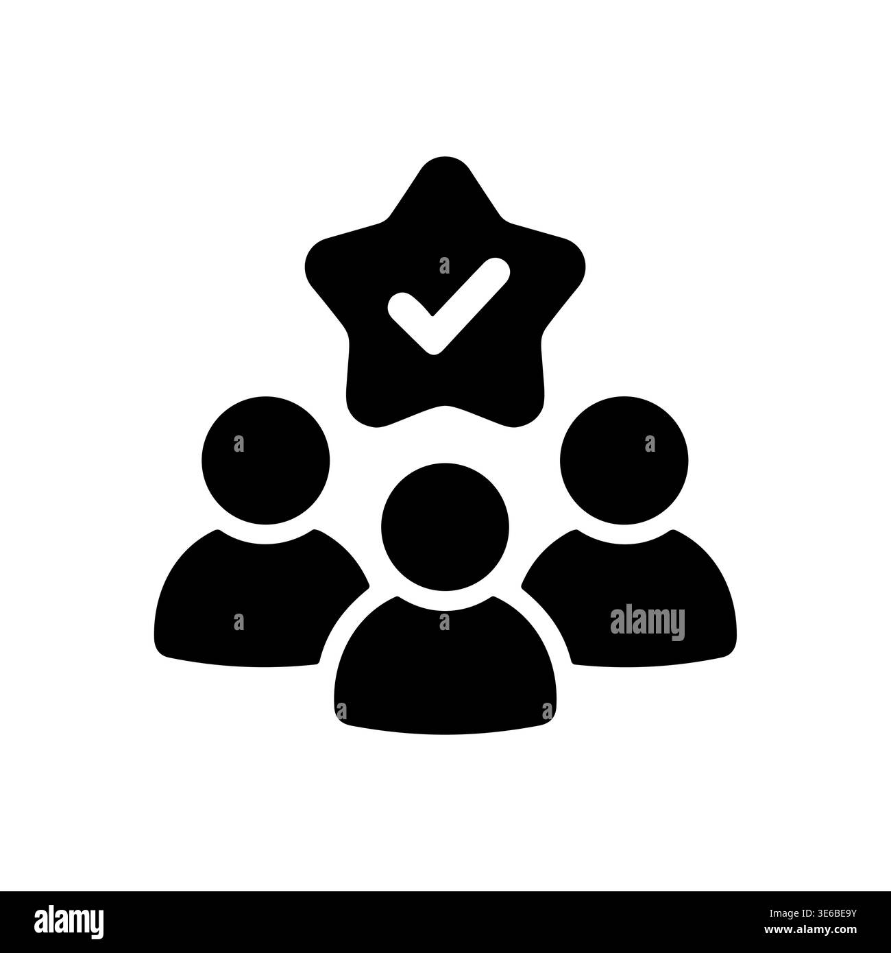 Three people under star with checkmark, teamwork black glyph icon Stock Vector