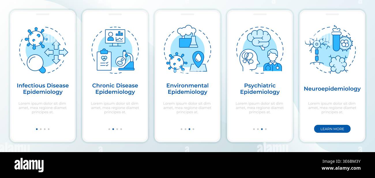 Epidemiology classifications blue onboarding mobile app screen Stock Vector