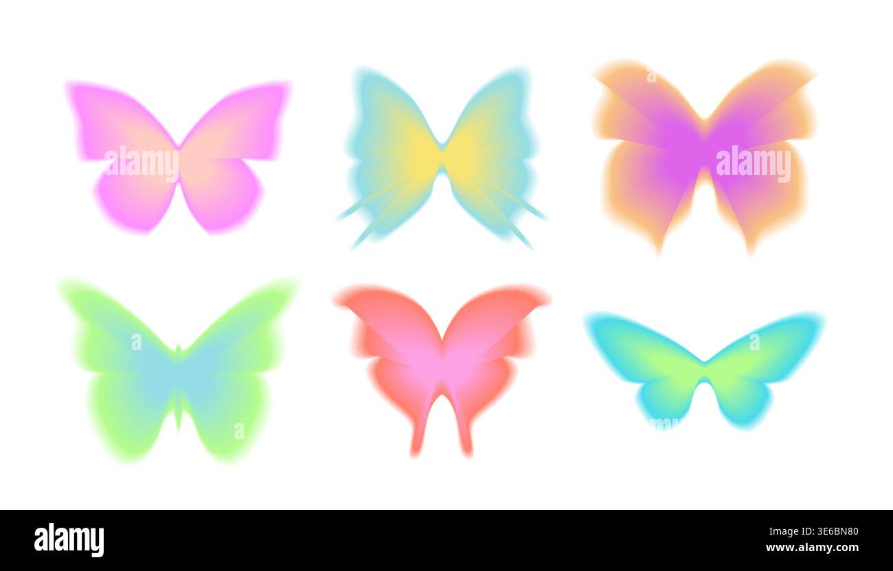 Blurred gradient Y2K sticker set of butterfly. Abstract vector art 90s - 2000s style Stock Vector