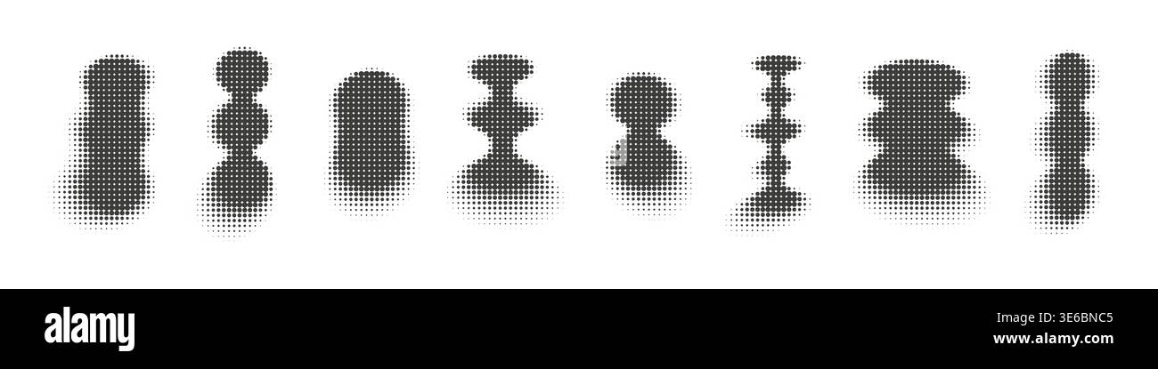 Abstract dotwork trendy shapes collection. Halftone pixel dotted style retro brutalist elements set. Stock Vector