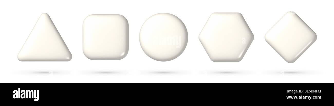 3d buttons set with basic forms: circle, square, triangle, rhomb, hexagon. White realistic badges collection isolated Stock Vector