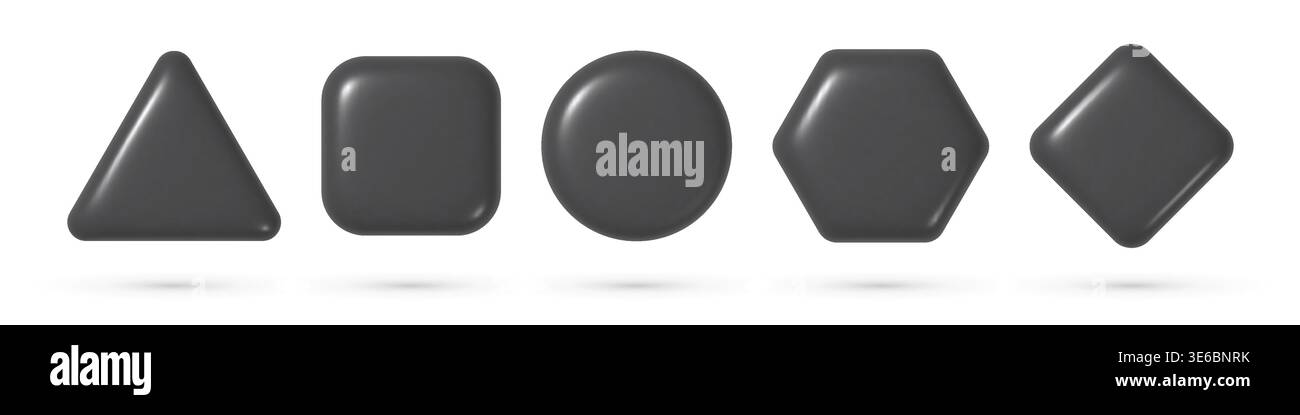3d buttons set with basic forms: circle, square, triangle, rhomb, hexagon. Black realistic badges collection isolated Stock Vector