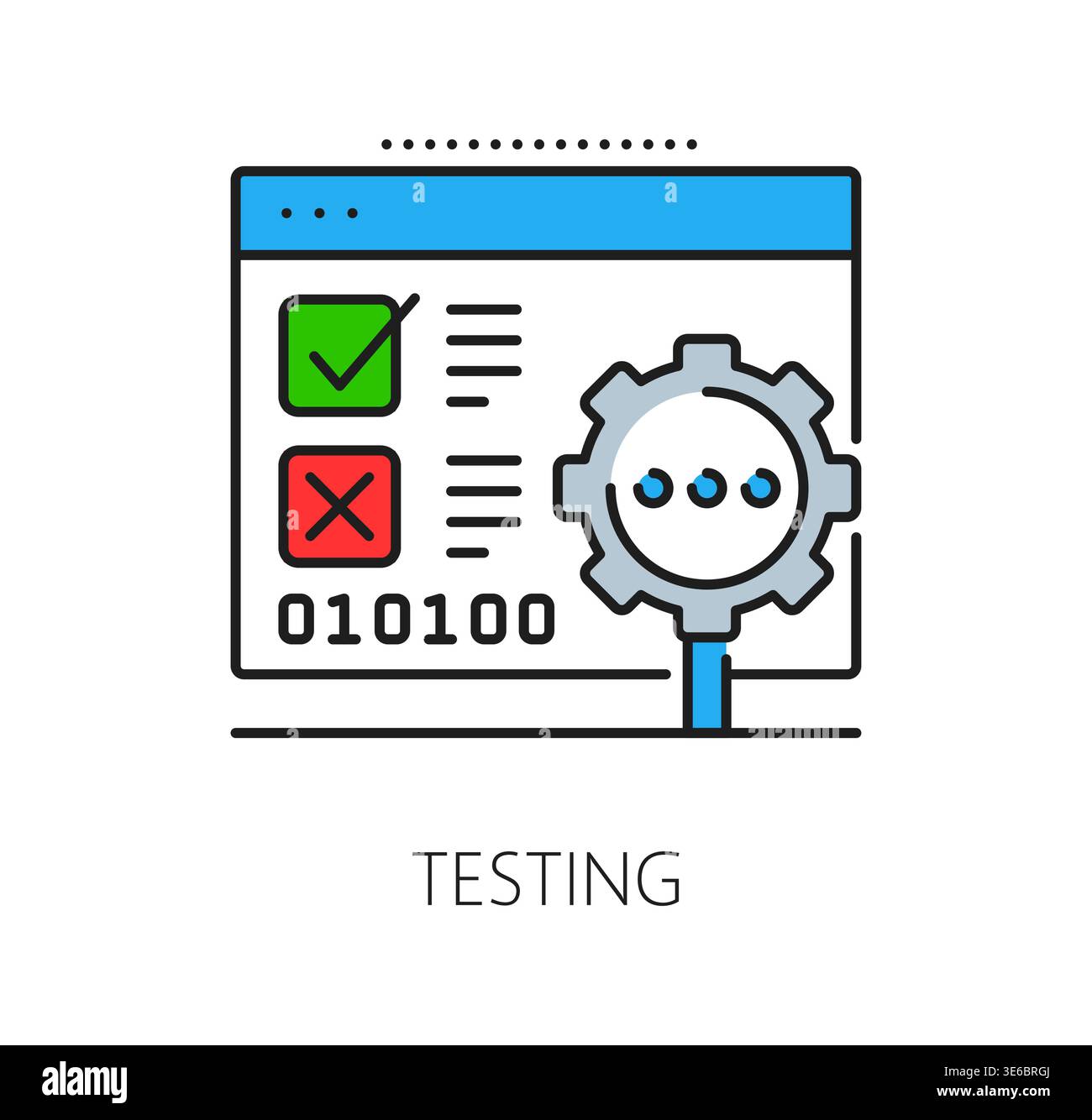 Software program code icon, computer system operate and development. Vector code testing icon featuring browser window with green checkmark, red error mark and gear magnifier symbol for tech websites Stock Vector