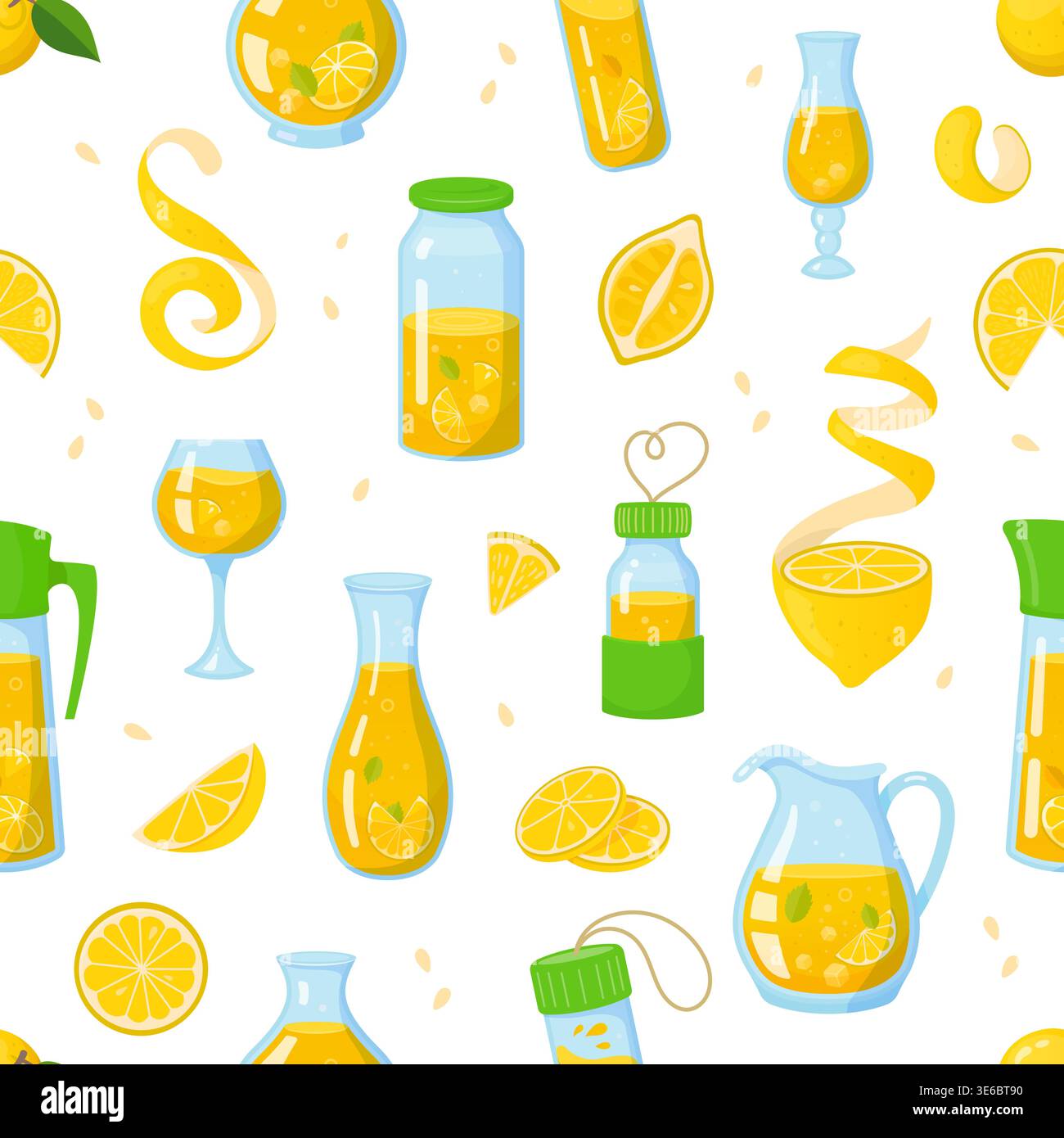 Cartoon citrus lemon fruit juice or lemonade drinks seamless pattern with citrus slices, jars, pitchers, glasses and yellow lemonade ornament. Vector seamless tile background, wallpaper or textile Stock Vector