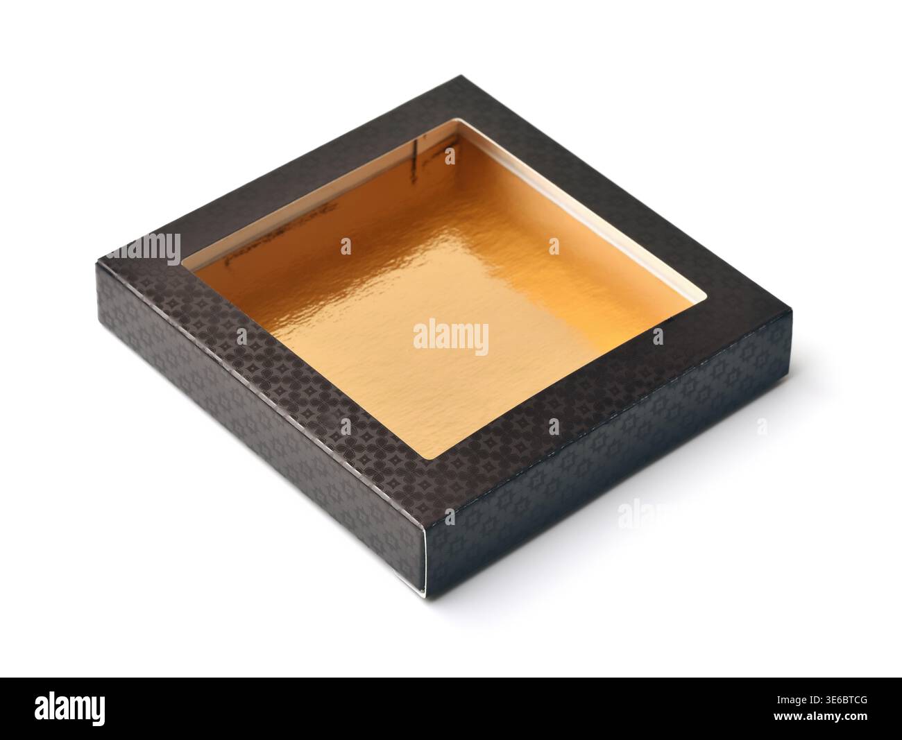 Empty black paper gift box with window isolated on white Stock Photo