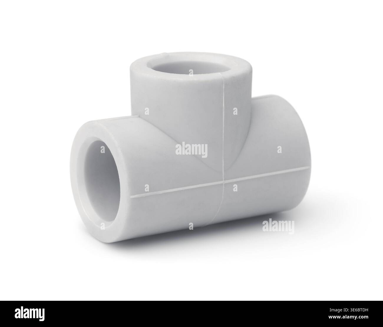 Gray plastic tee pipeline fitting isolated on white Stock Photo