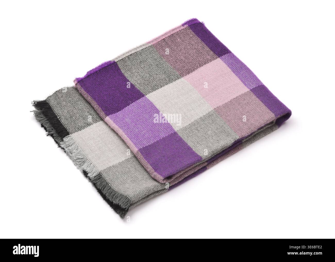 Folded soft plaid woolen scarf isolated on white Stock Photo