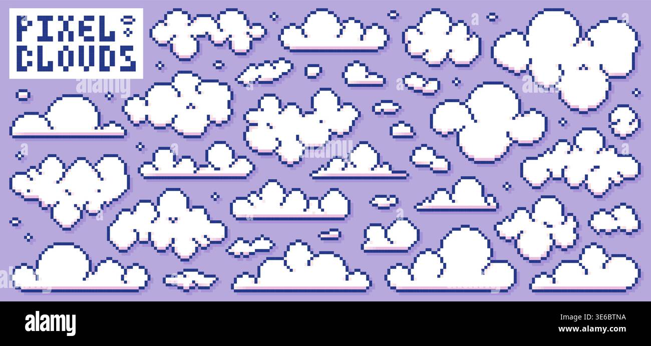 Set of pixel art game white clouds. Stock Vector