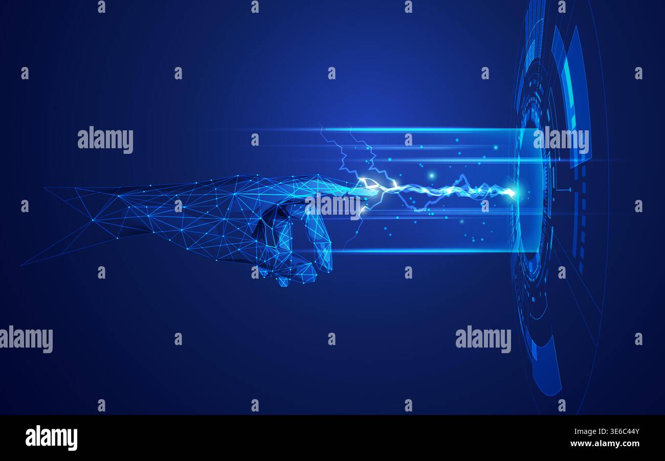 concept of machine learning or cyber security, wireframe hand reaching to digital technology elements Stock Vector