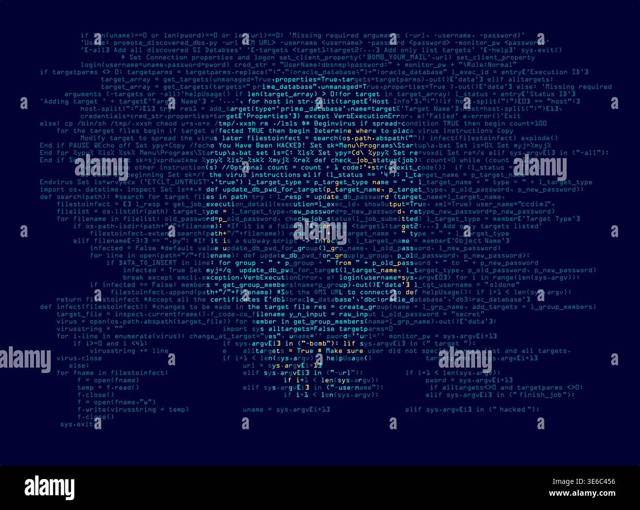 computer virus or hacker concept, programming script combined with shape of skull Stock Vector