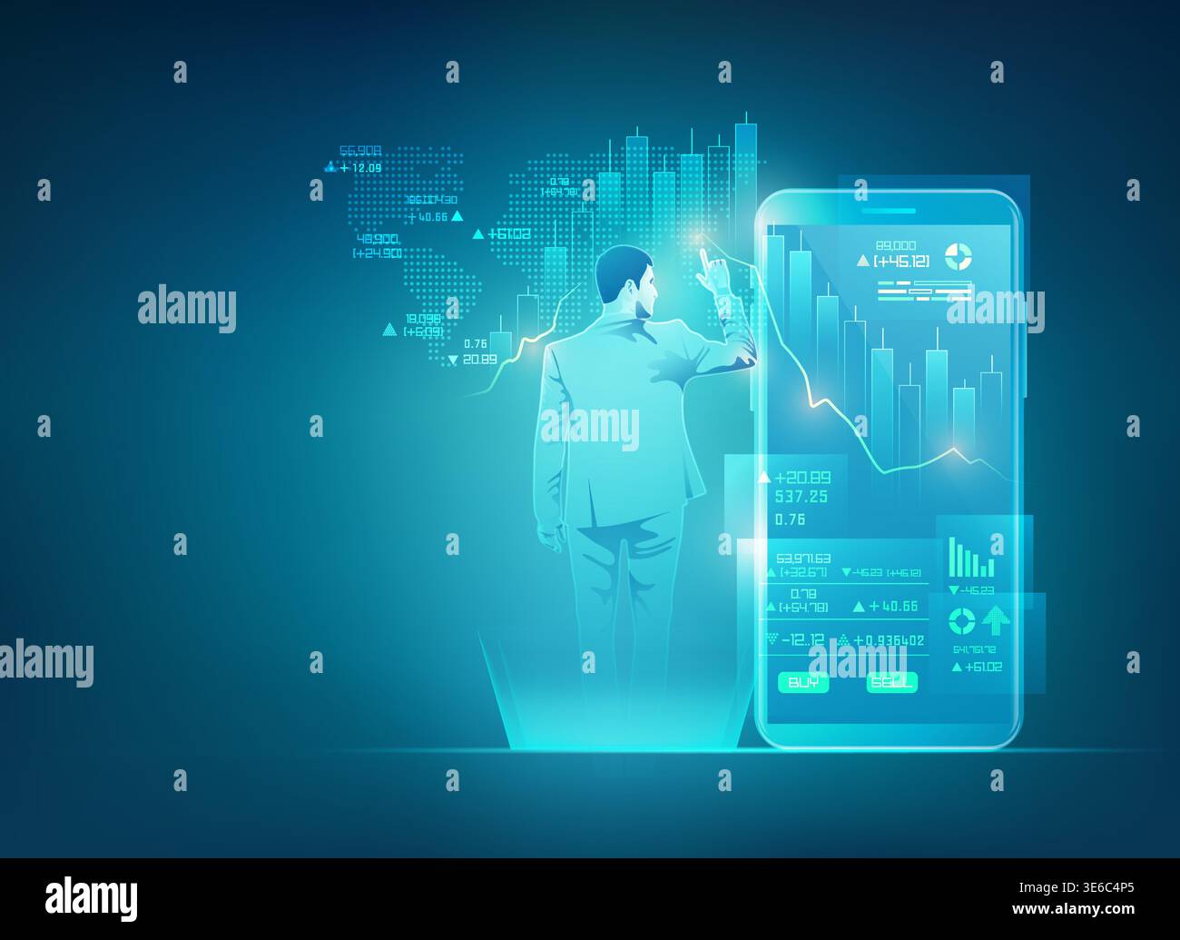 concept of online trading technology, businessman using stock market exchange interface on mobile phone Stock Vector