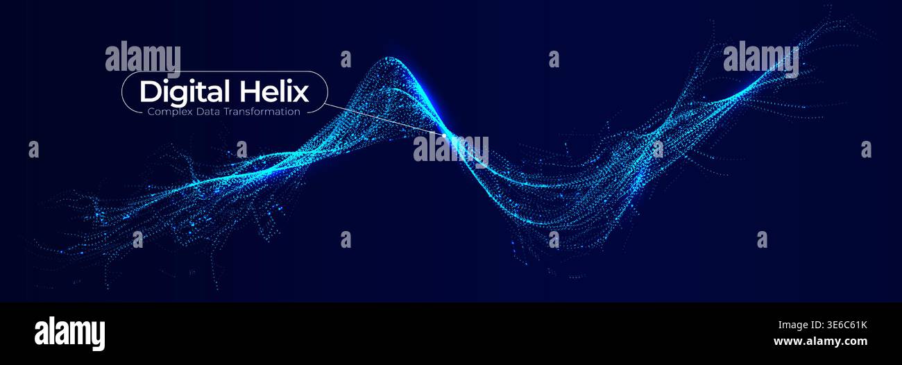 Abstract digital helix with glowing particle wave, complex data transformation concept. Big data visuals for tech banner, dashboard, presentation Stock Vector