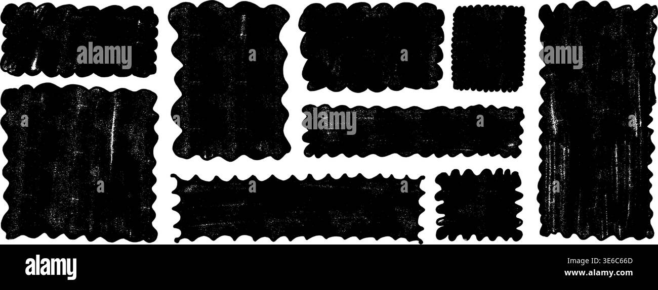 Wavy scalloped grunge frames. Text boxes with wiggle edges set. Urban street distressed wall in rectangular and square figures. Quote charcoal tags wi Stock Vector