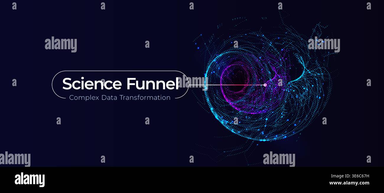 Abstract data funnel with glowing particle vortex, complex data transformation concept. Big data science background for tech presentation, dashboard Stock Vector