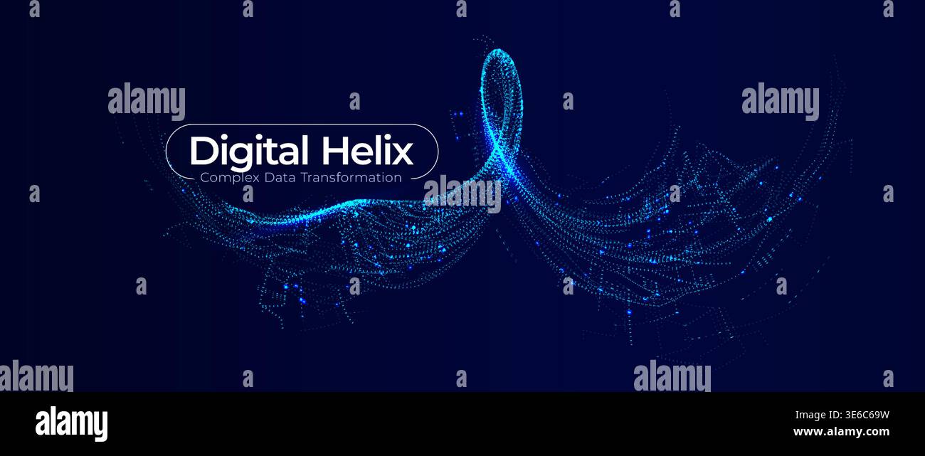 Abstract digital helix with glowing blue particle wave, complex data transformation concept. Big data science background for tech presentation Stock Vector