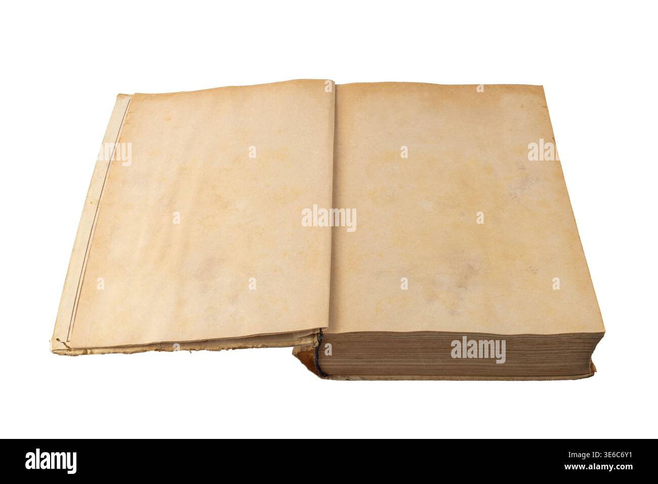 Open old battered book with dirty and torn cover and empty old yellowed leaves lying isolated on a white background. Stock Photo