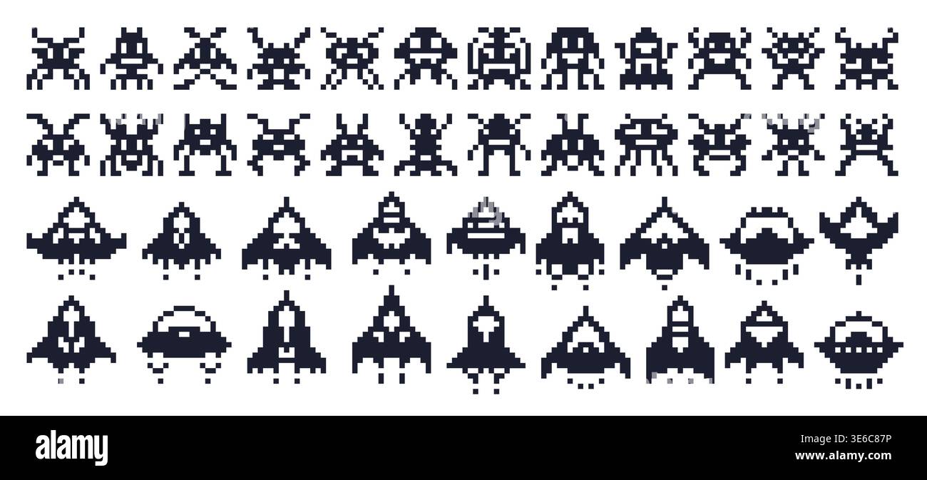 8 bit pixel art space ships and alien invaders Stock Vector