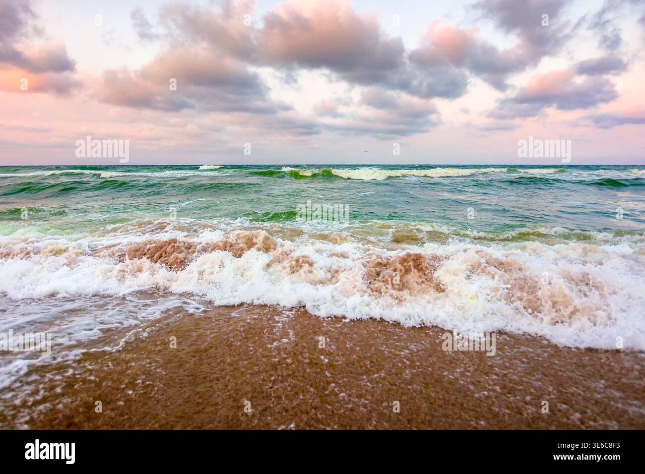 stormy weather on the sandy beach. dramatic sky over the black sea. moody summer landscape in morning light. green waves crashing the shore. majestic Stock Photo