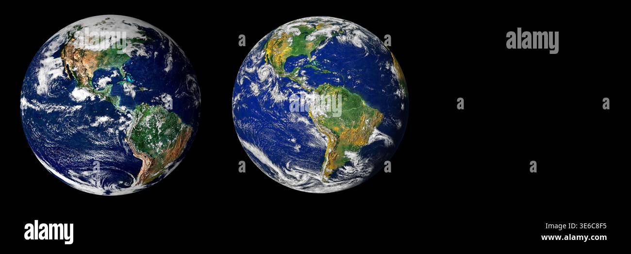 Earth globes isolated on black background header design with copy space. Stock Photo