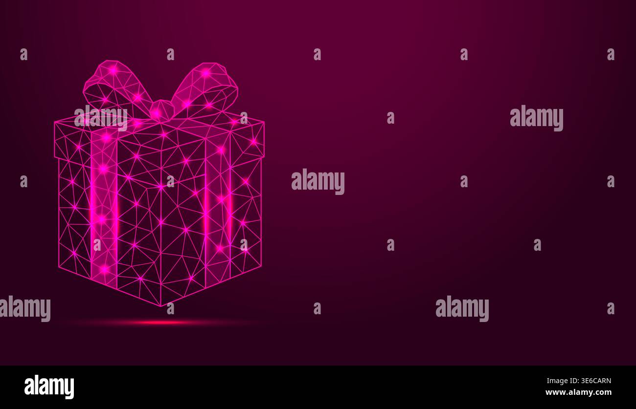 Low poly wireframe gift box with bow on dark background. Stock Vector