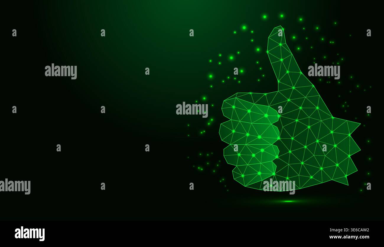 Low poly wireframe thumbs up on dark background. Stock Vector