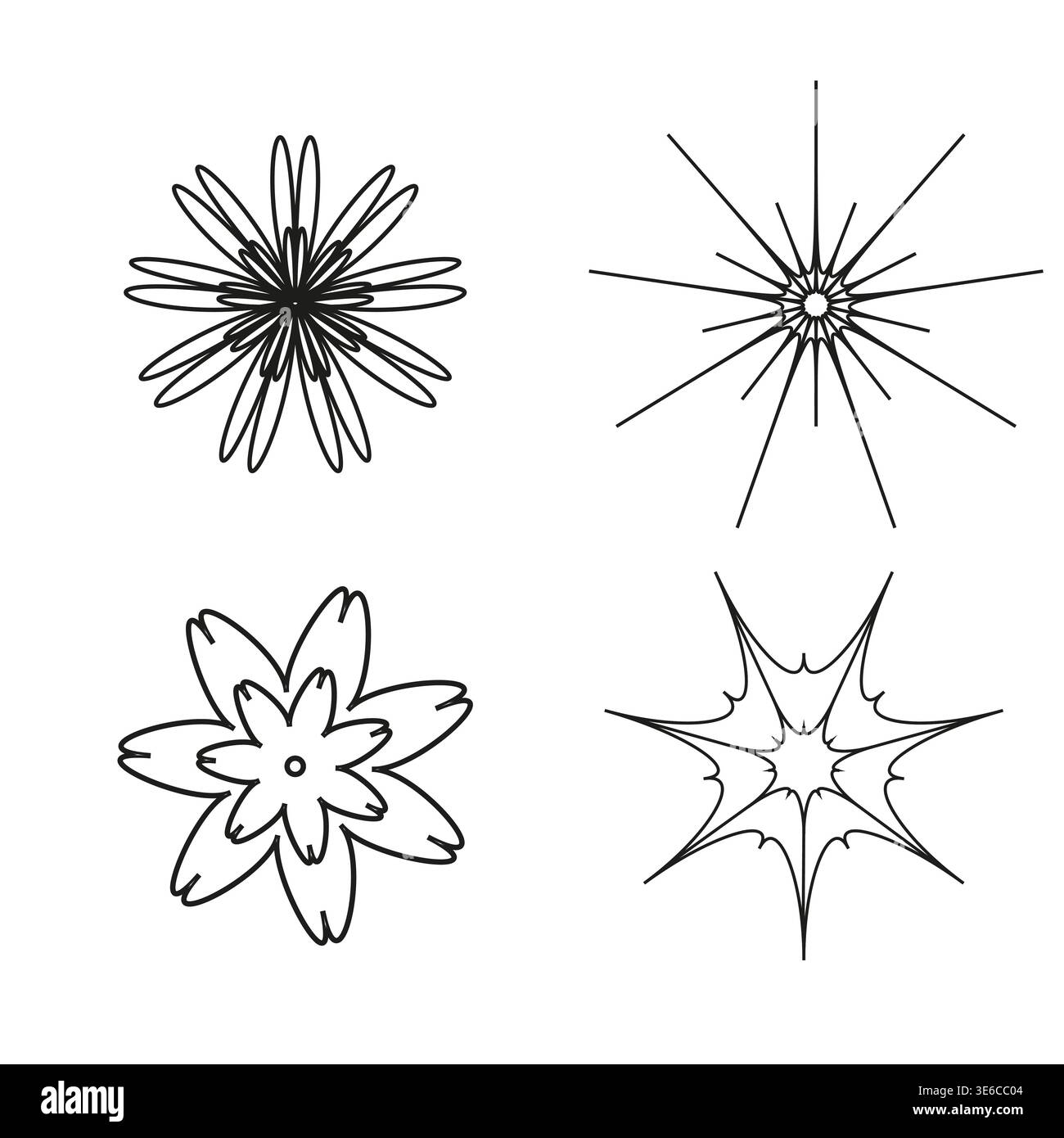 Abstract flower shapes. Decorative botanical elements. Sunburst starburst Vector forms. Black line silhouettes. Stock Vector