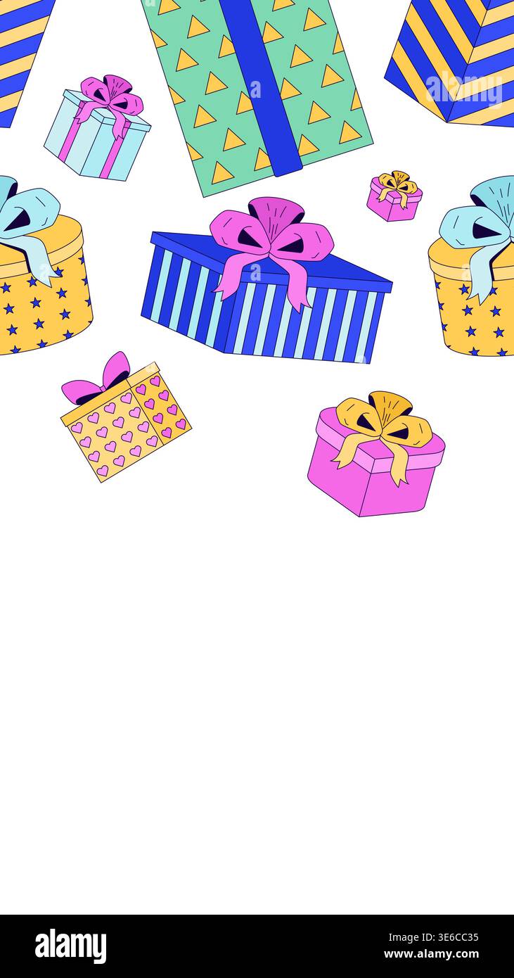 Wrapped gift boxes vertical top frame illustration Stock Vector