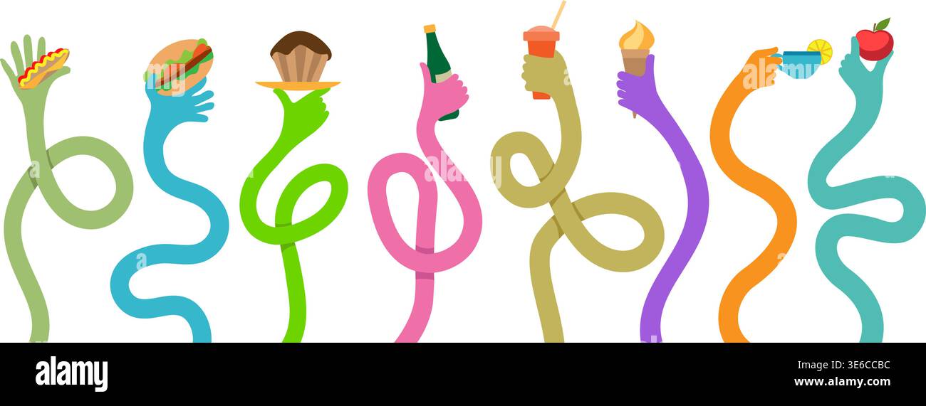 Colorful long flexible hands with meal Stock Vector