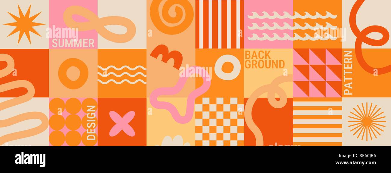 Horizontal summer geometric background with fun hand drawn doodle shapes and squiggles in childish style. Hot poster with colorful drawings and collage elements. Vector illustration. Stock Vector