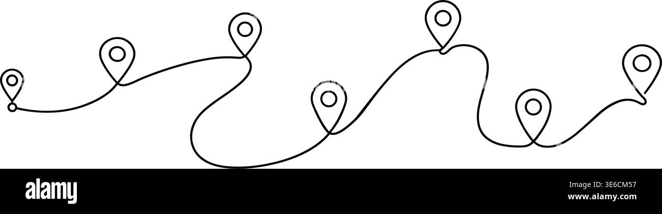One Line Route with Map Pins – Continuous Travel Path Vector Illustration Stock Vector