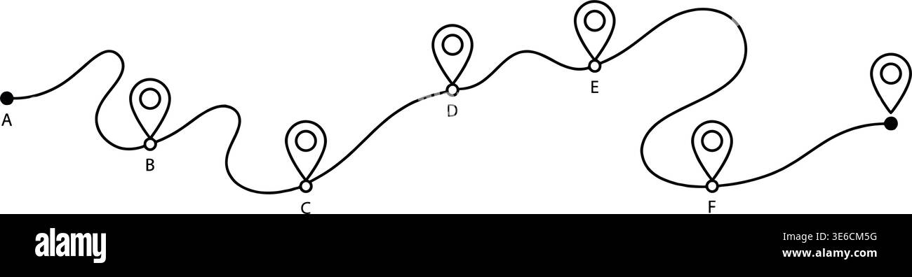 One Line Route with Map Pins – Continuous Travel Path Vector Illustration Stock Vector