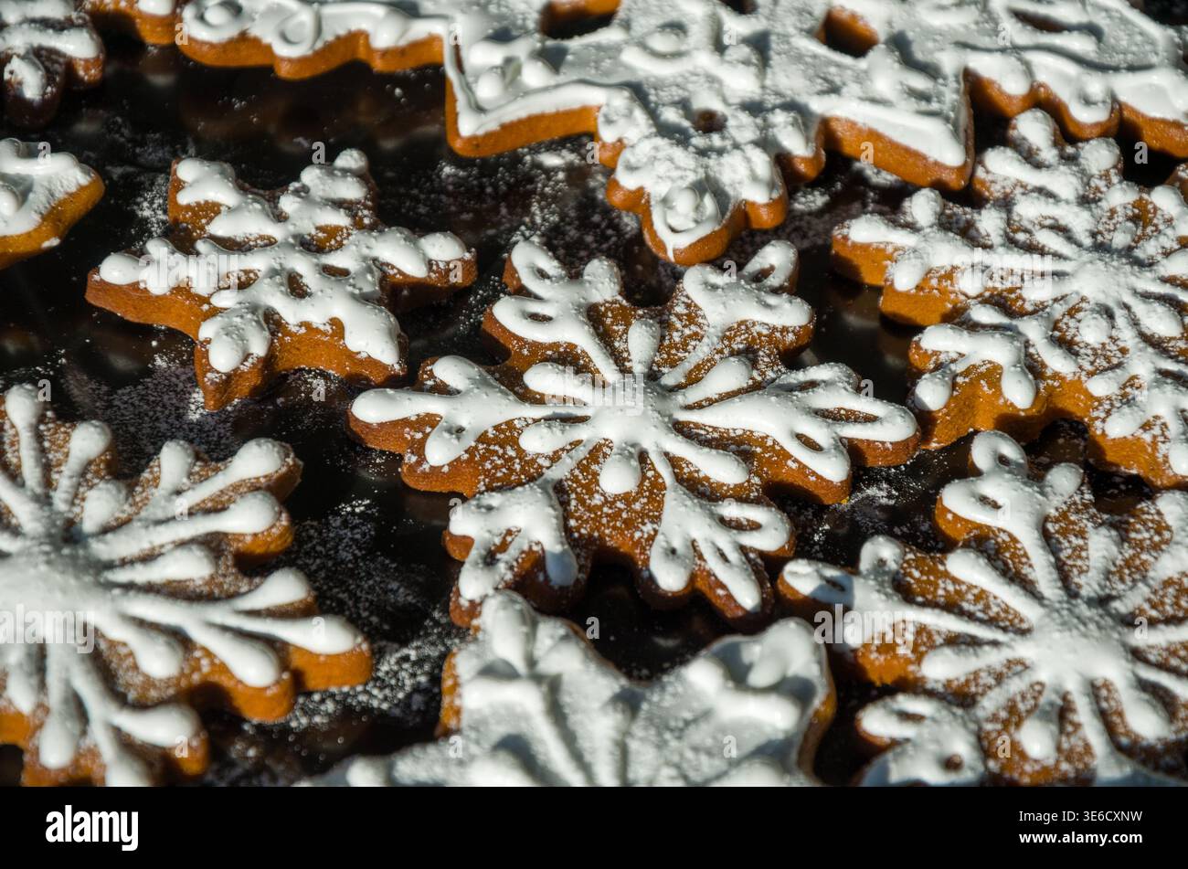 Iced Snowflake Gingerbread Cookies on Dark Background Stock Photo