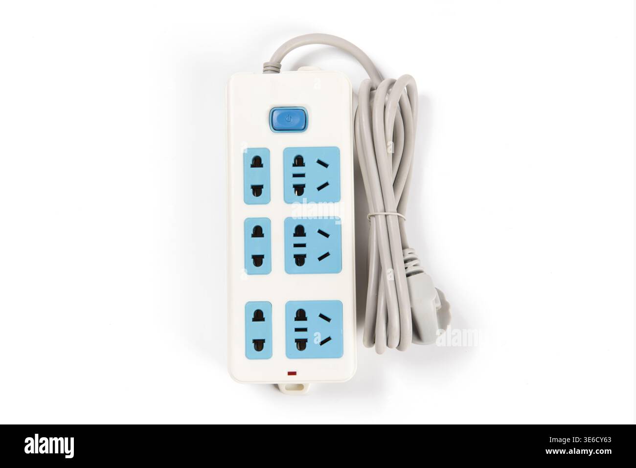 White power strip with multiple universal outlets, cable, and switch on white background Stock Photo