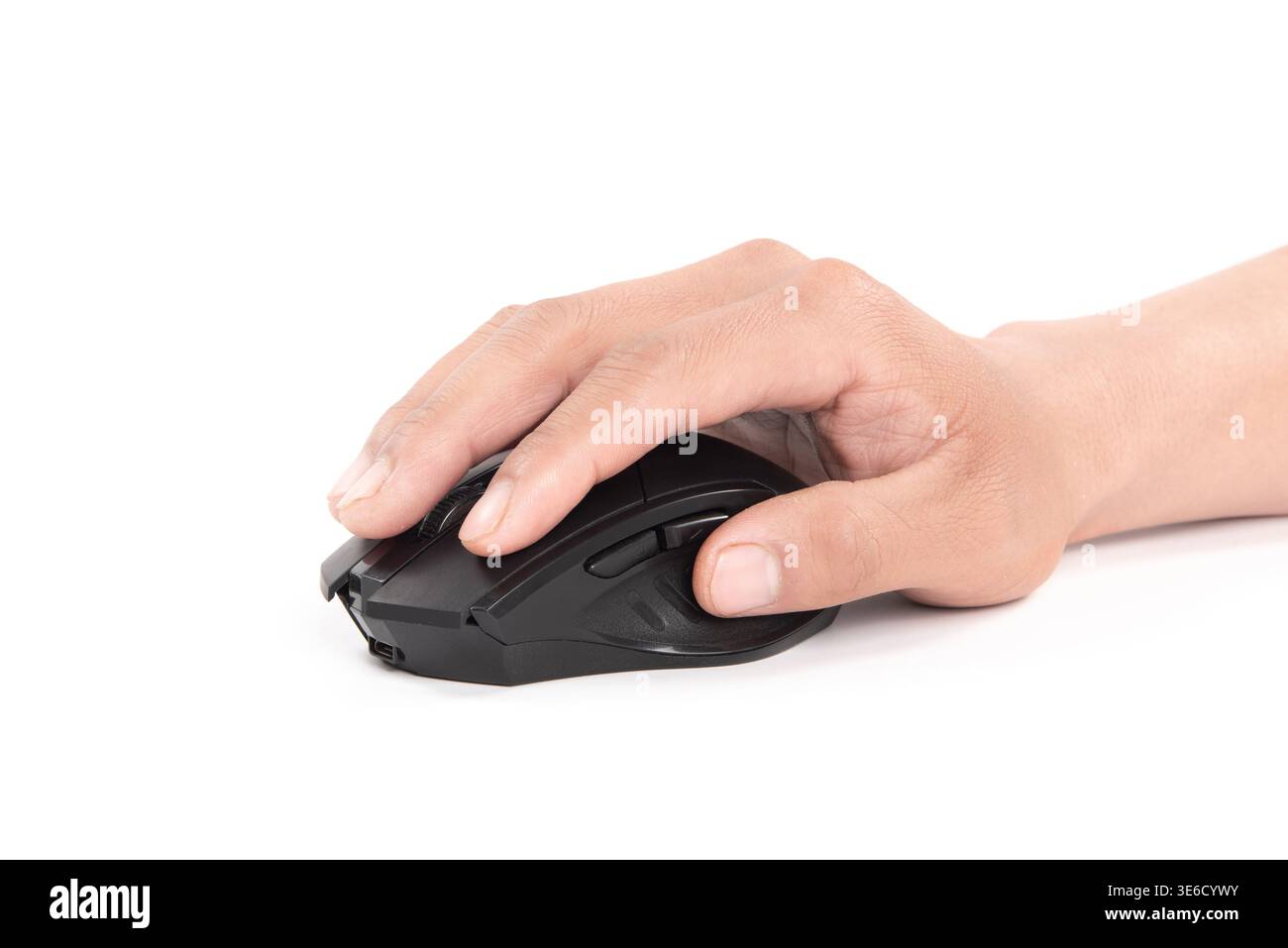 Hand using black wireless computer mouse on white background Stock Photo