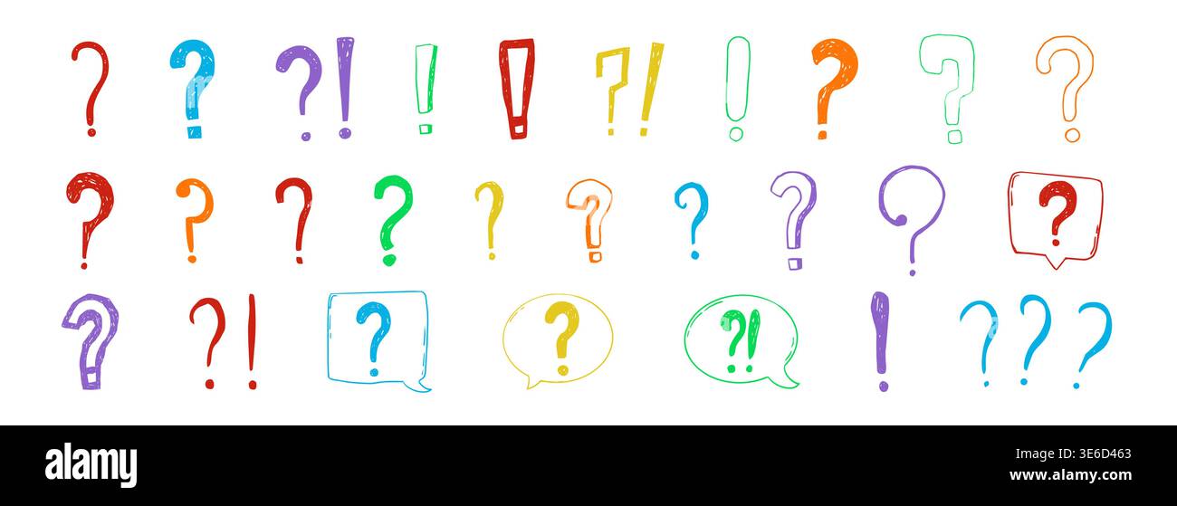 Question mark chalk hand drawn set, crayon texture doodle sketch. Question marks with speech bubbles, punctuation signs for collage. Vector illustration Stock Vector