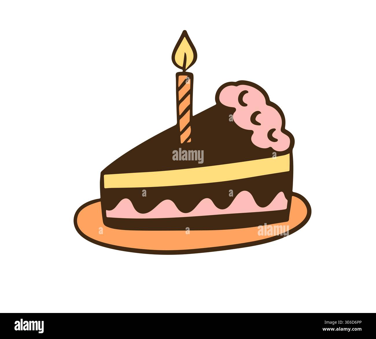 Birthday chocolate cake slice with candle doodle Stock Vector