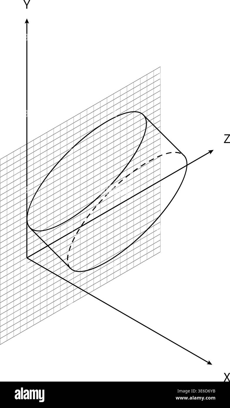 3D Coordinate System Tilted Cylinder Wireframe Grid Plane Perspective Minimal Style Mathematics Diagram Black White Element. Geometry Visualization Ca Stock Vector