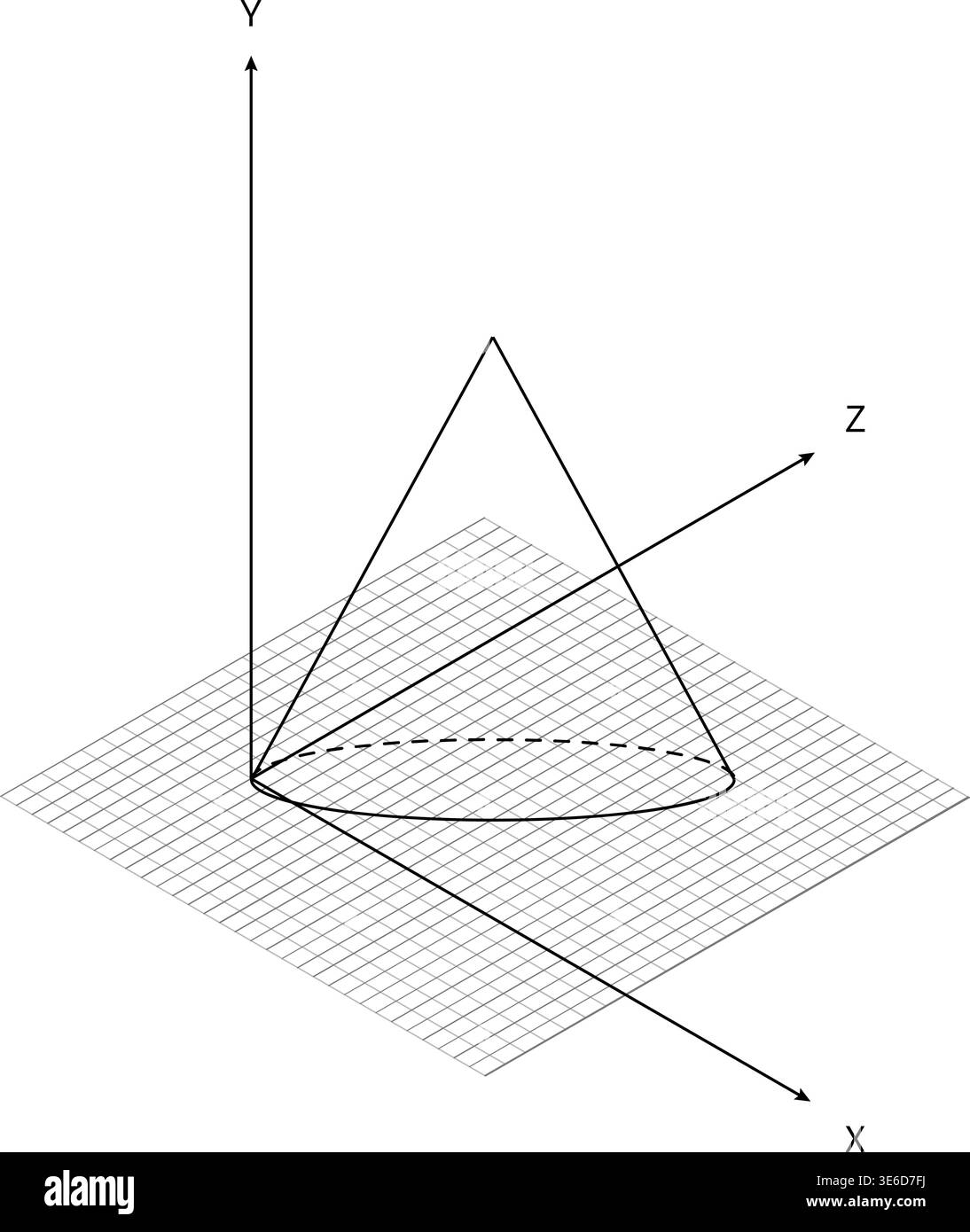 3D Coordinate System Cone Wireframe Grid Plane Perspective Minimal Style Mathematics Visualization Black White Element. Geometry Visualization Cartesi Stock Vector