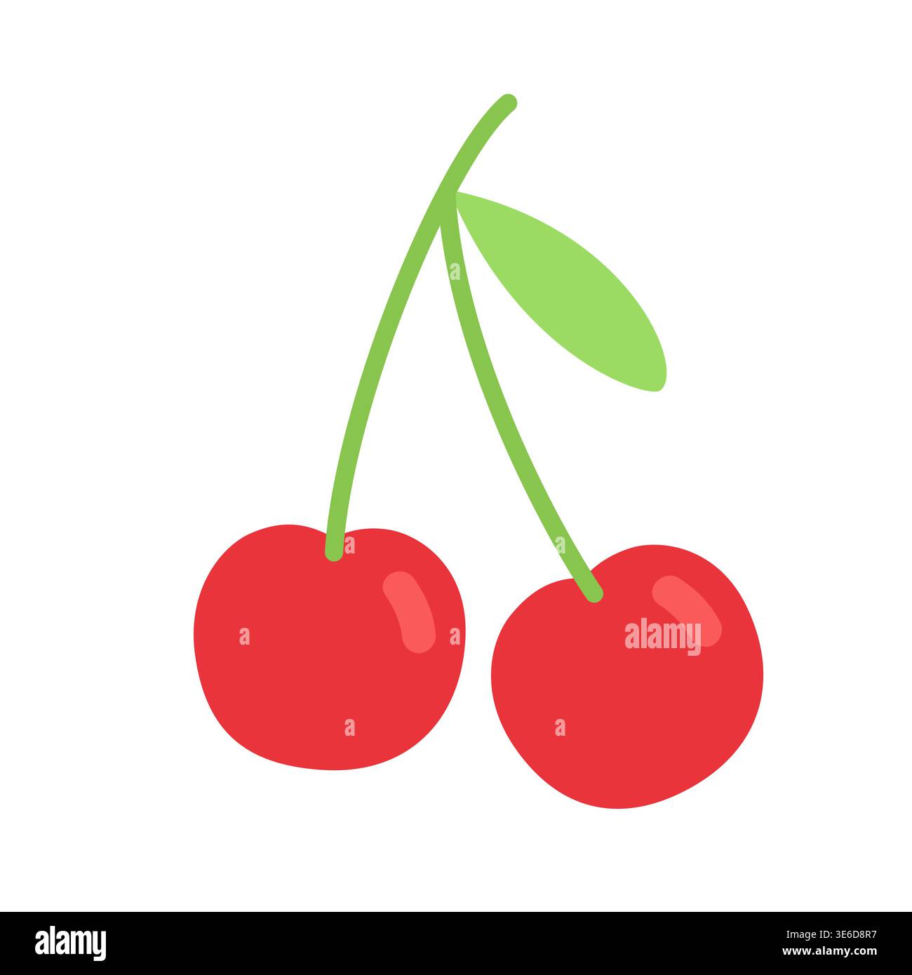 Cute flat design red cherry pair with green stem and leaf vector illustration Stock Vector