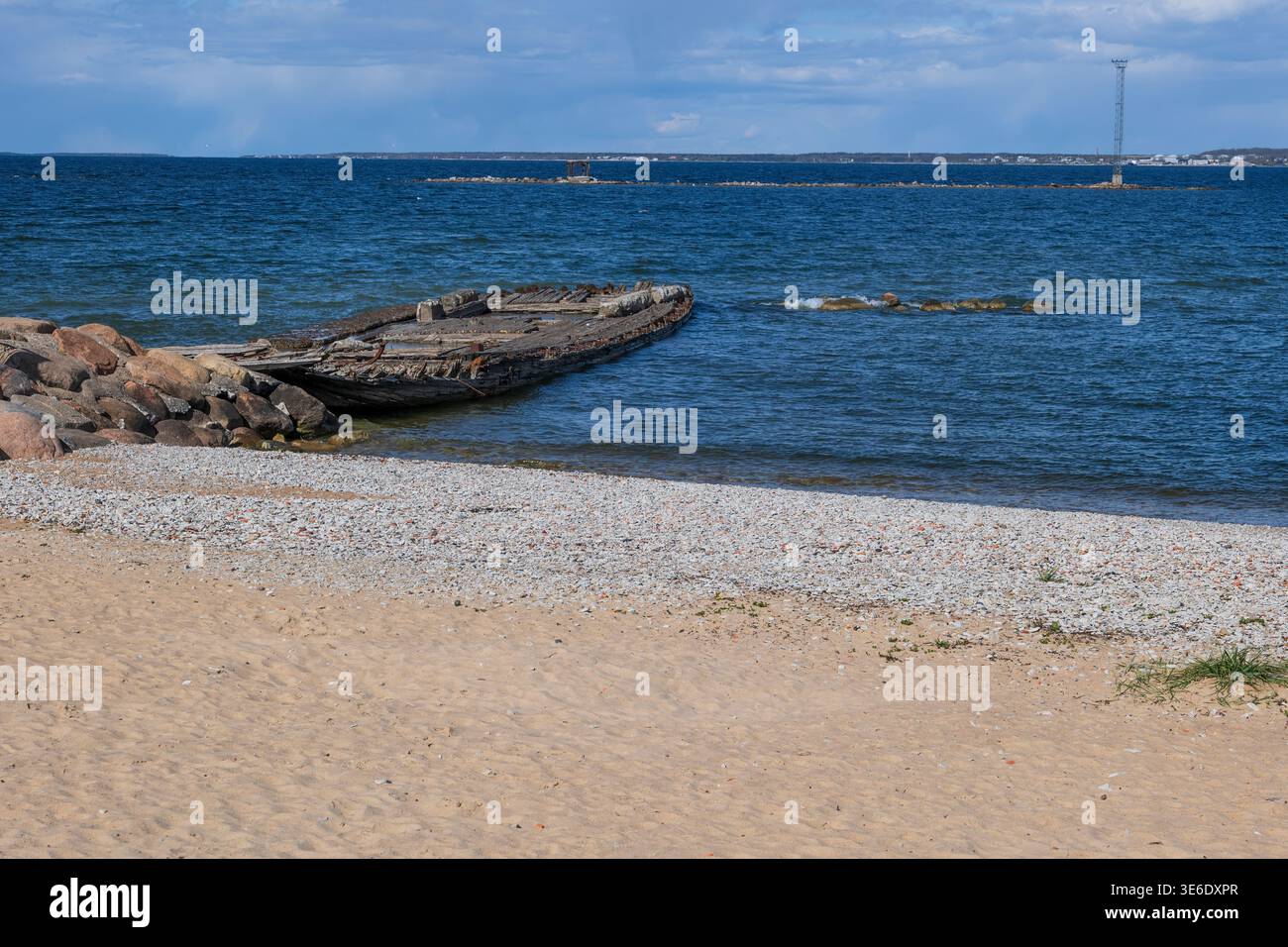 Baltic Sea beach with Kalaranna Shipwreck in city of Tallinn, Estonia. Stock Photo