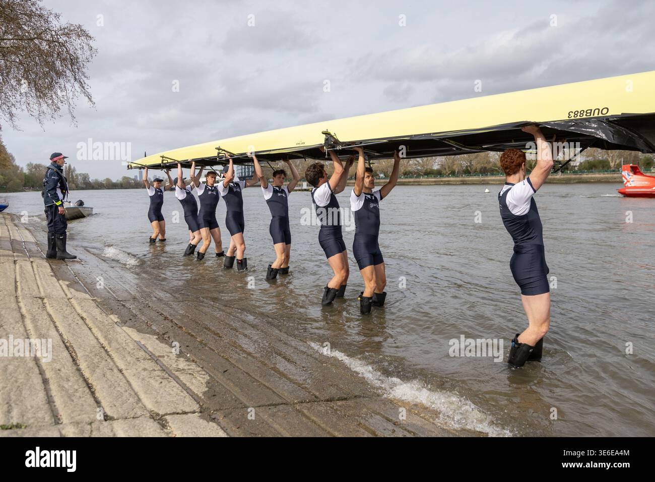 Putney Rowing Print Oxford University mens rowing team carrying their boat into River ...