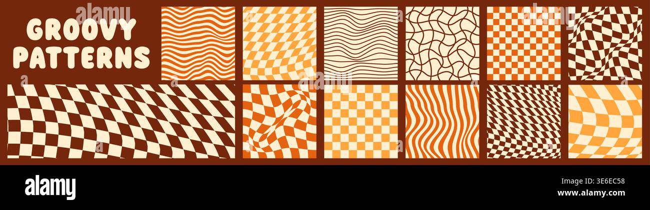 Groovy psychedelic checkerboard color patterns. Retro abstract aesthetic square prints. Stock Vector