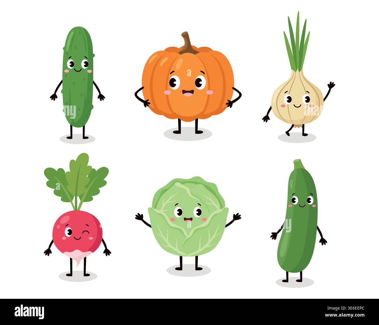 Cute vegetable characters set with happy faces cucumber pumpkin onion radish cabbage zucchini Stock Vector
