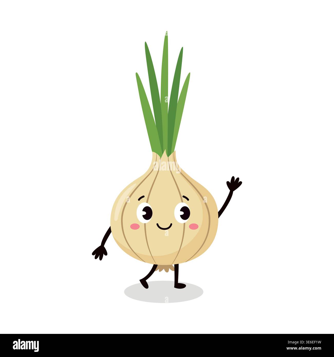 Cute onion character with happy face waving hand white bulb with green leaves vector Stock Vector