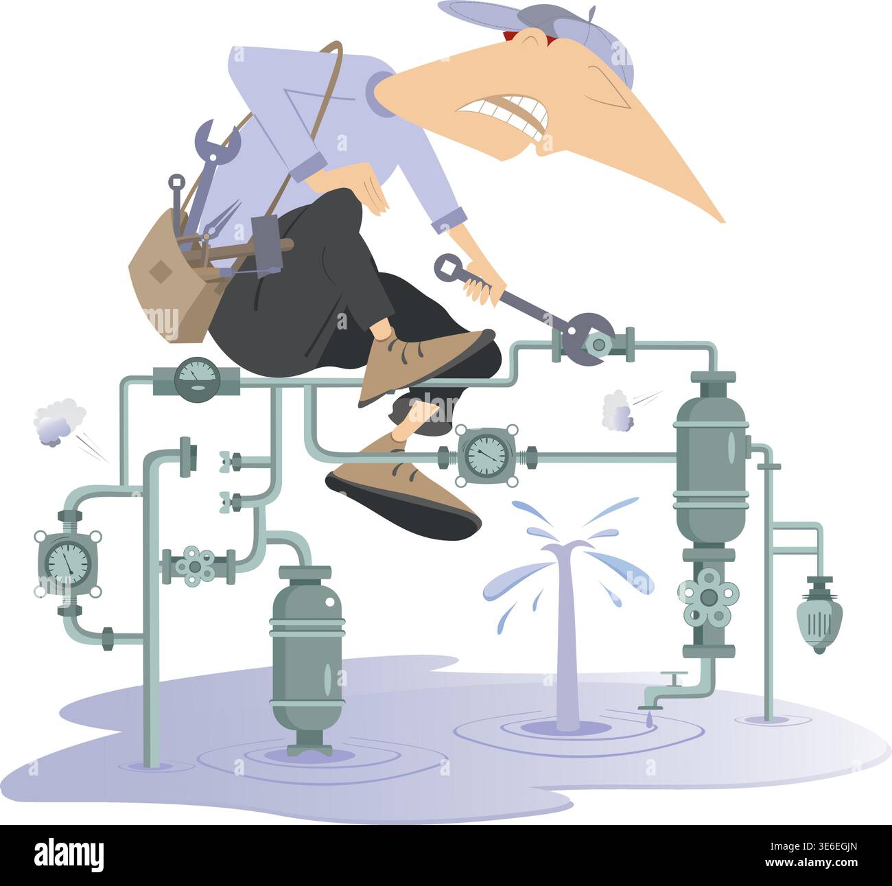 Mechanic. Broken pipe construction. Breakdown. Pipefitter with a wrench repairs pipe construction to stop water, gas, oil flow Stock Vector