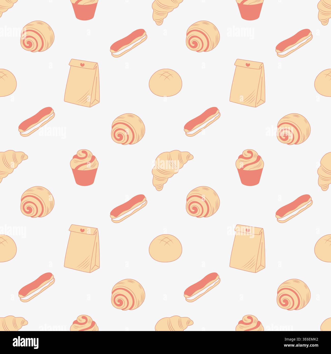 Bakery seamless pattern with hand drawn croissants and eclairs vector illustration. Stock Vector