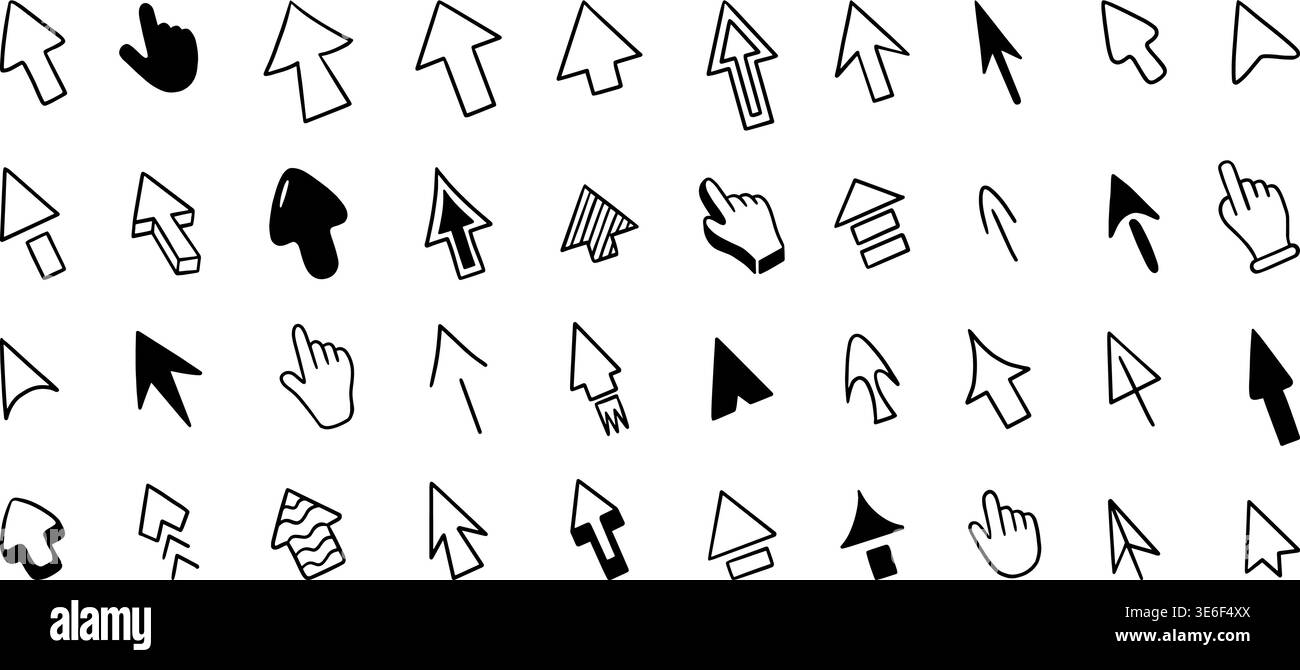 Doodle arrow cursor. Interface navigation symbols, black arrow and hands like click or pointer. Digital selection elements, hand drawn computer screen Stock Vector