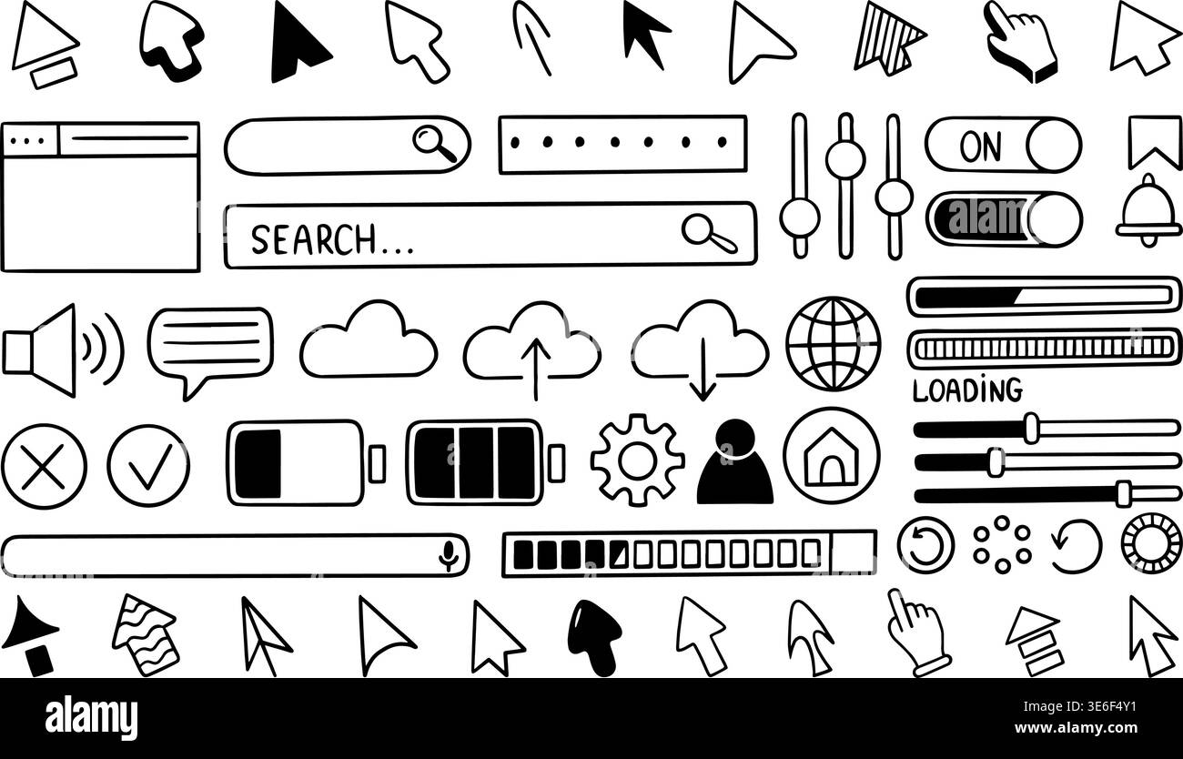 Doodle user interface. Black arrow pointers, upload, loading spinners, searching bar. Battery charge icon, voice assistant, equalizer and password Stock Vector