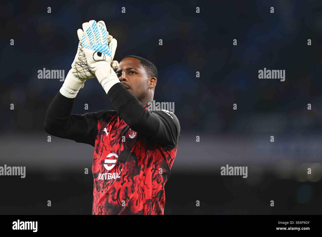 Mike Maignan of AC Milan gestures before during the Serie A Enelive ...